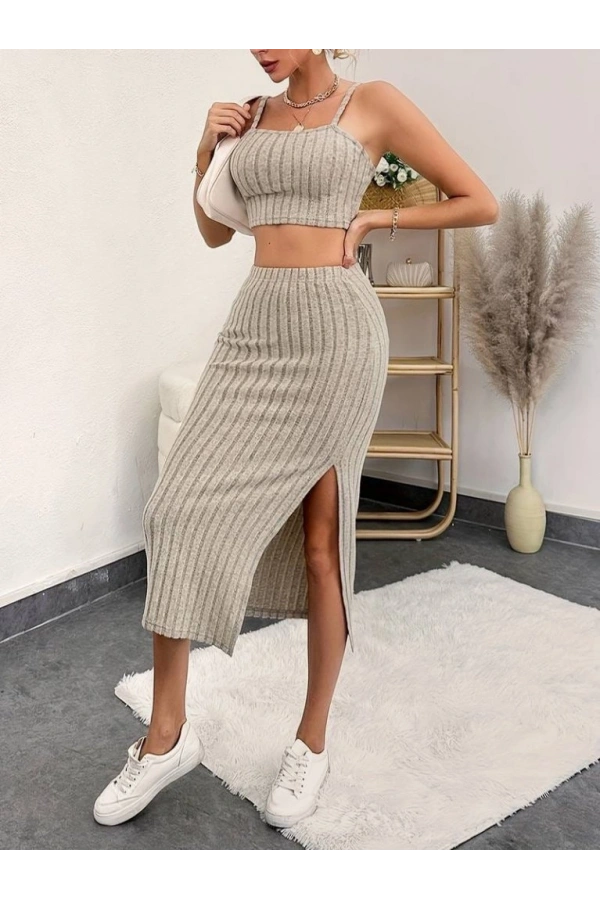Bidebuvar Kadın Kolsuz Askılı Crop Yırtmaçlı Midi Etek Fitilli Kaşkorse Takım