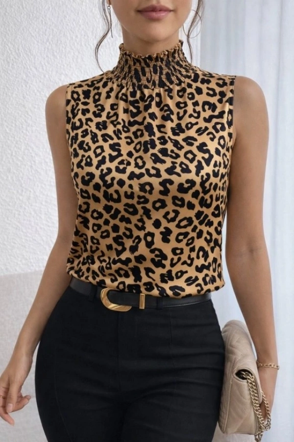 Bidebuvar Kadın Kolsuz Balıkçı Yaka Desenli Süprem Bluz