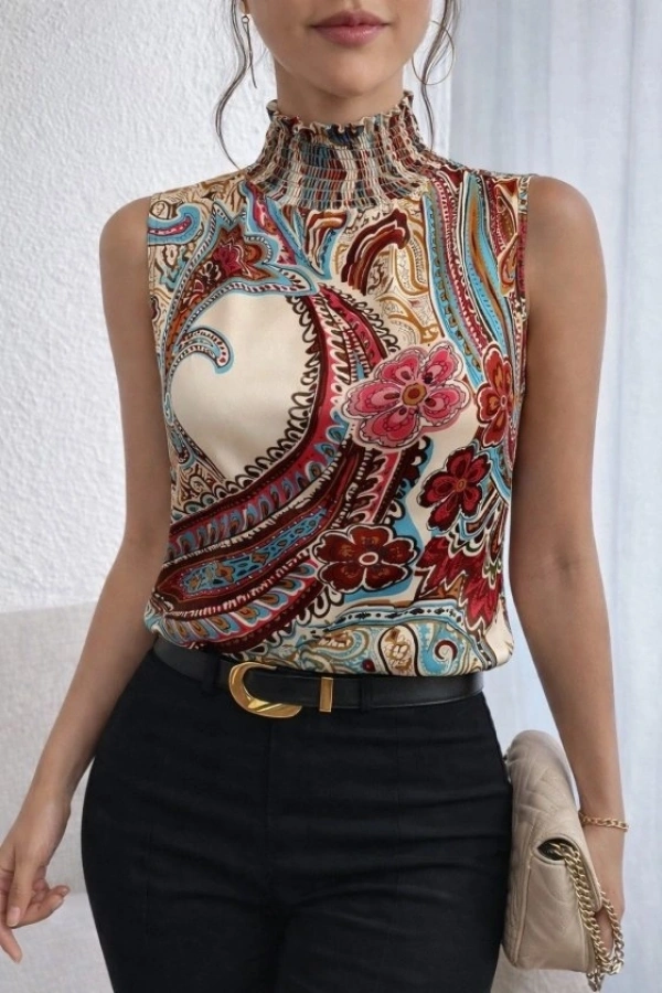 Bidebuvar Kadın Kolsuz Balıkçı Yaka Desenli Süprem Bluz