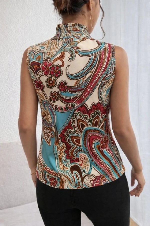 Bidebuvar Kadın Kolsuz Balıkçı Yaka Desenli Süprem Bluz