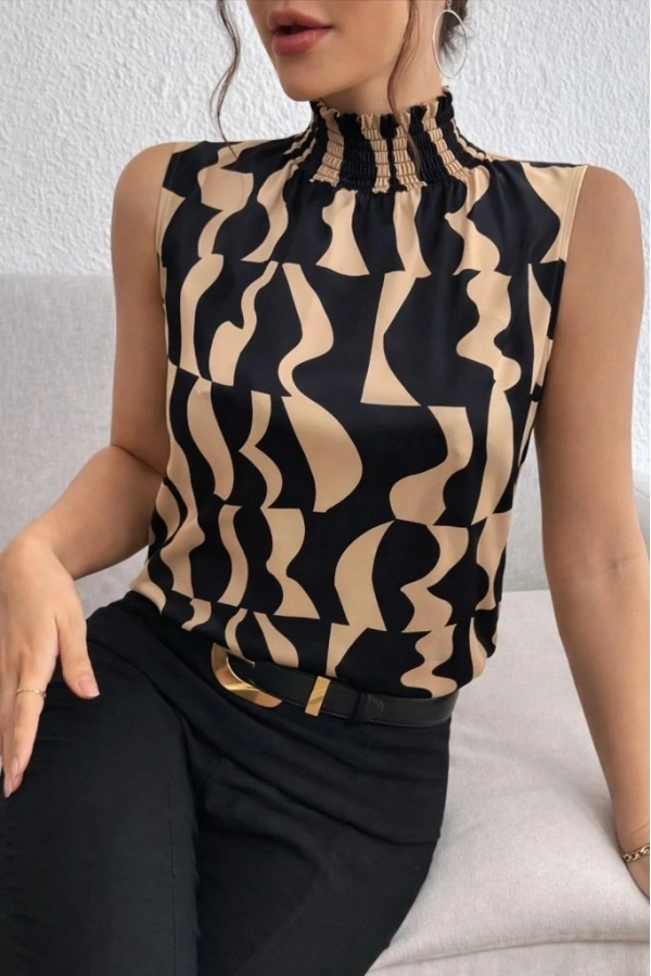 Bidebuvar Kadın Kolsuz Balıkçı Yaka Desenli Süprem Bluz