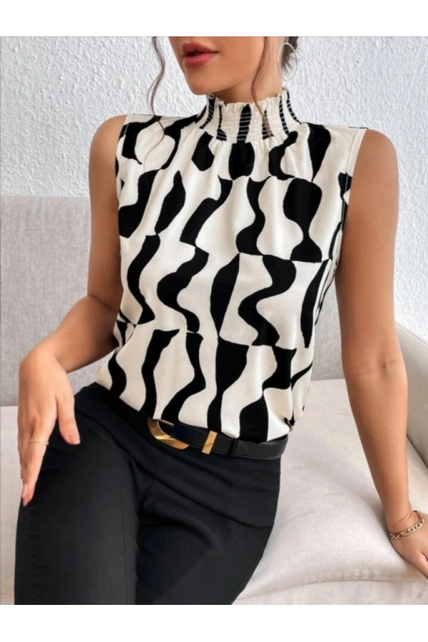 Bidebuvar Kadın Kolsuz Balıkçı Yaka Desenli Süprem Bluz