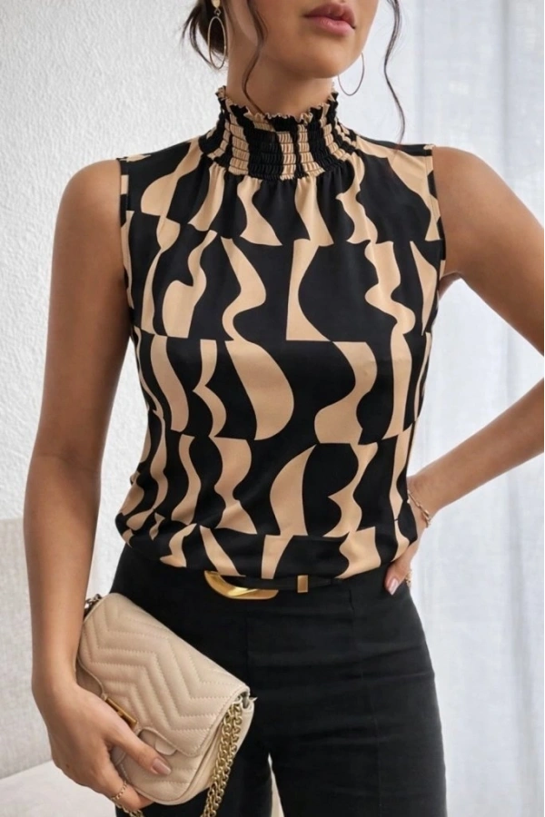 Bidebuvar Kadın Kolsuz Balıkçı Yaka Desenli Süprem Bluz