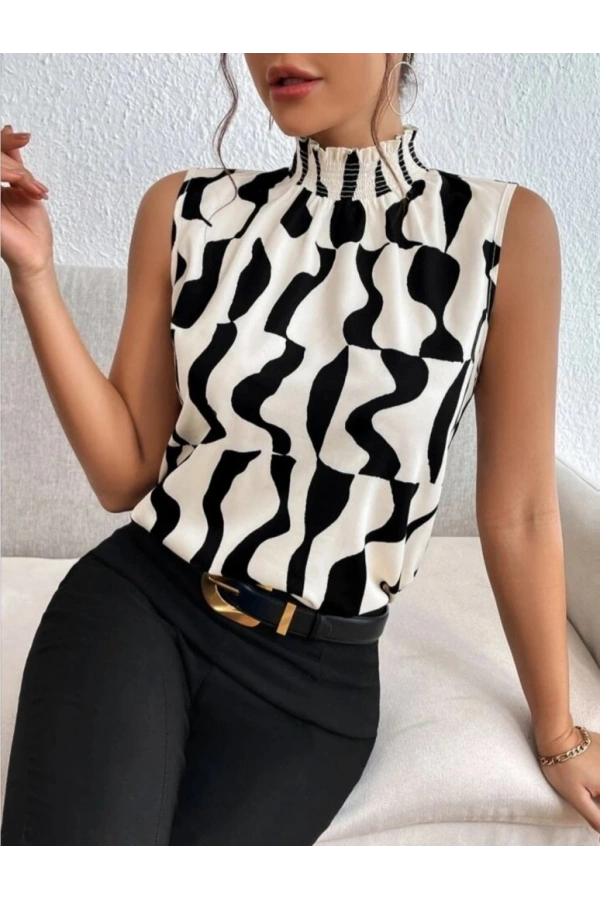 Bidebuvar Kadın Kolsuz Balıkçı Yaka Desenli Süprem Bluz