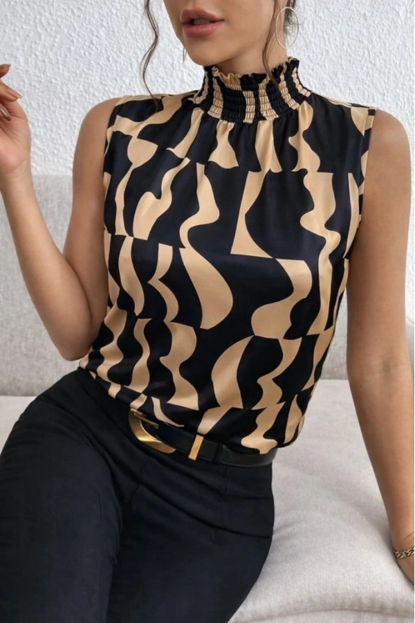 Bidebuvar Kadın Kolsuz Balıkçı Yaka Desenli Süprem Bluz