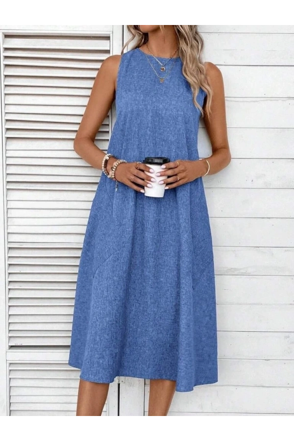 Bidebuvar Kadın Kolsuz Bisiklet Yaka Cepli Midi Keten Elbise