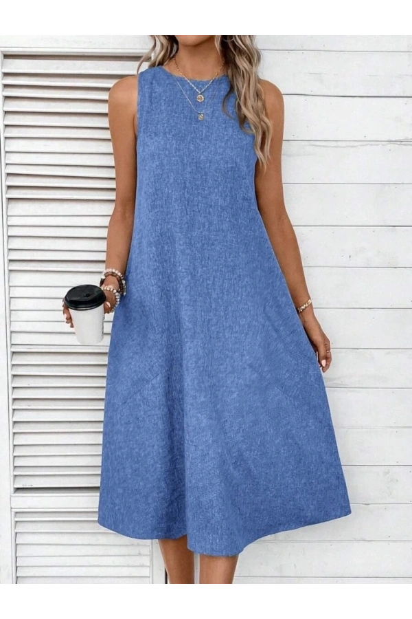 Bidebuvar Kadın Kolsuz Bisiklet Yaka Cepli Midi Keten Elbise