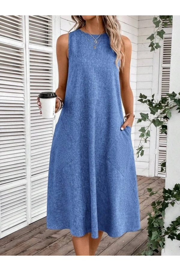 Bidebuvar Kadın Kolsuz Bisiklet Yaka Cepli Midi Keten Elbise