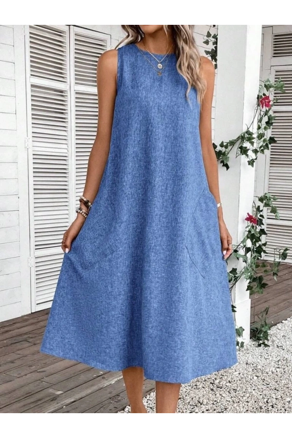 Bidebuvar Kadın Kolsuz Bisiklet Yaka Cepli Midi Keten Elbise