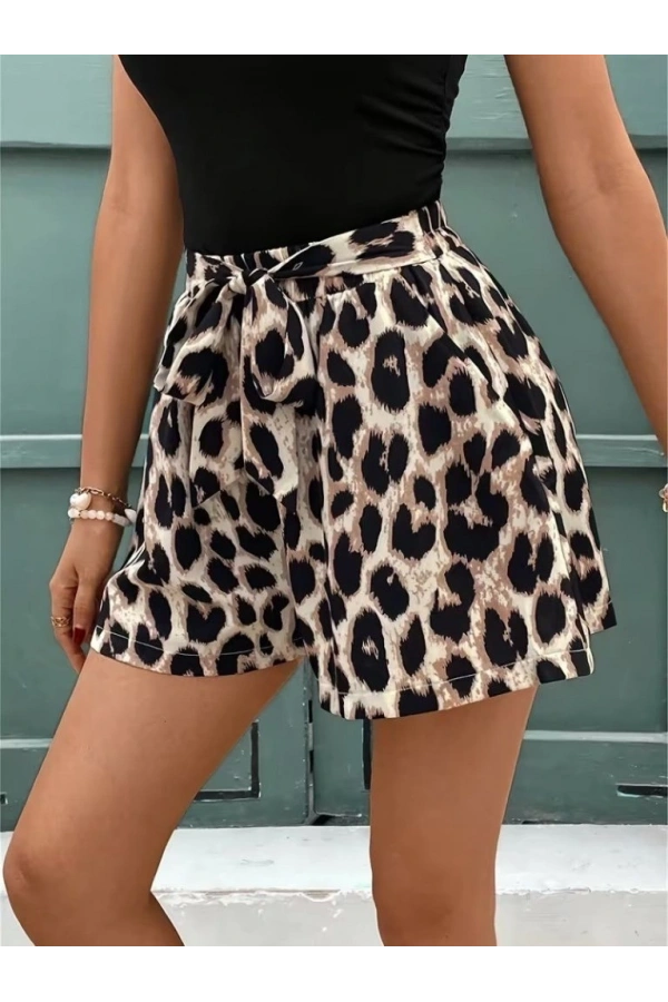 Bidebuvar Kadın Kolsuz Bisiklet Yaka Viskon Bluz Ve Leopar Desenli Kısa Modal Short Ikili Takım