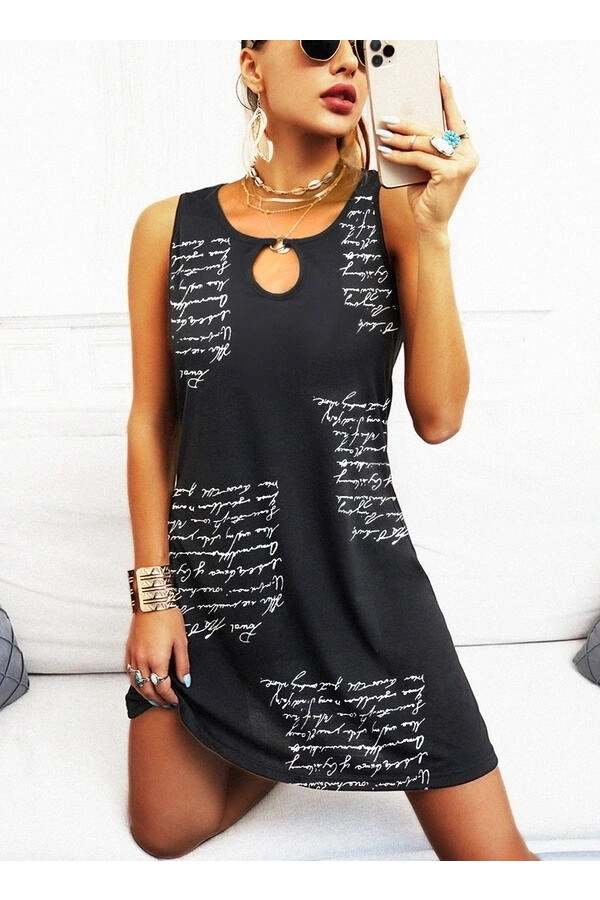 Bidebuvar Kadın Kolsuz Halka Detay Mektup Desenli Mikro Elbise