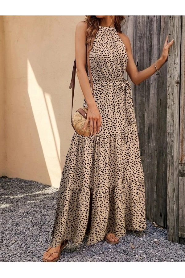 Bidebuvar Kadın Kolsuz Halter Yaka Beli Lastiklileopar Desenli Mikro Elbise
