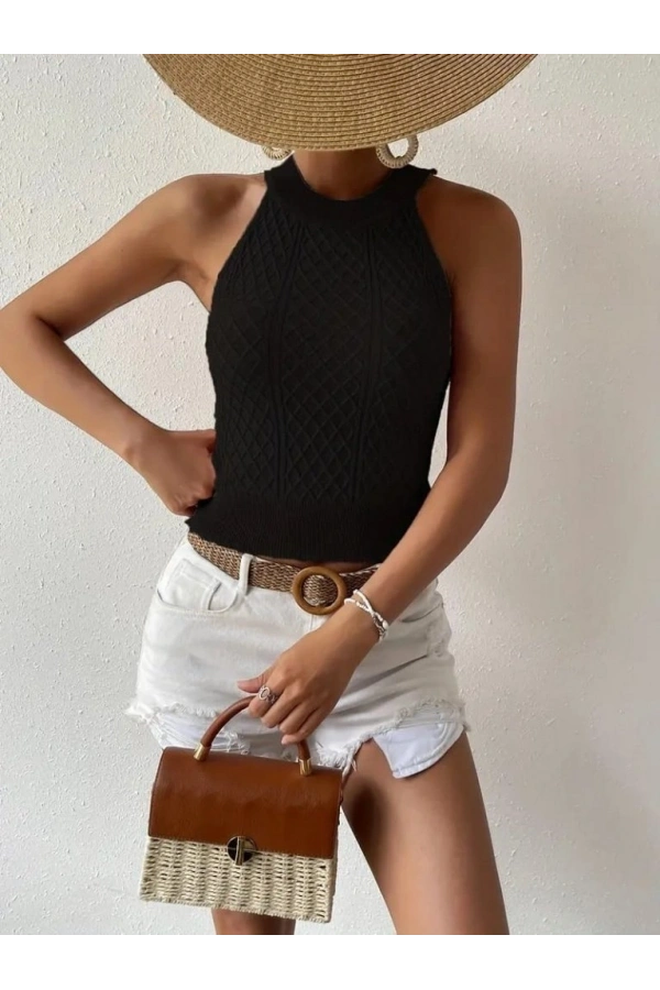 Bidebuvar Kadın Kolsuz Halter Yaka Mini Baklava Desenli Triko Bluz
