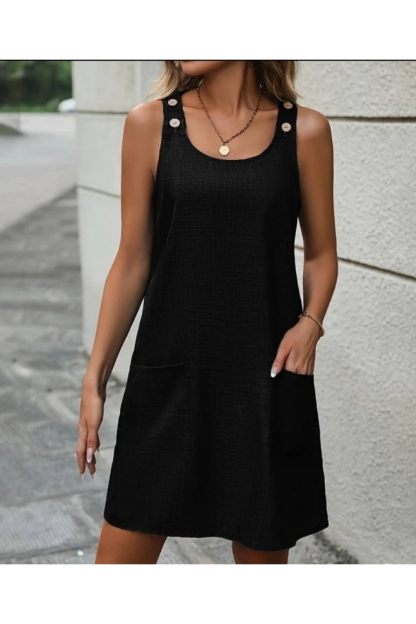 Bidebuvar Kadın Kolsuz Kalın Askılı Düğme Detay Cepli Keten Elbise