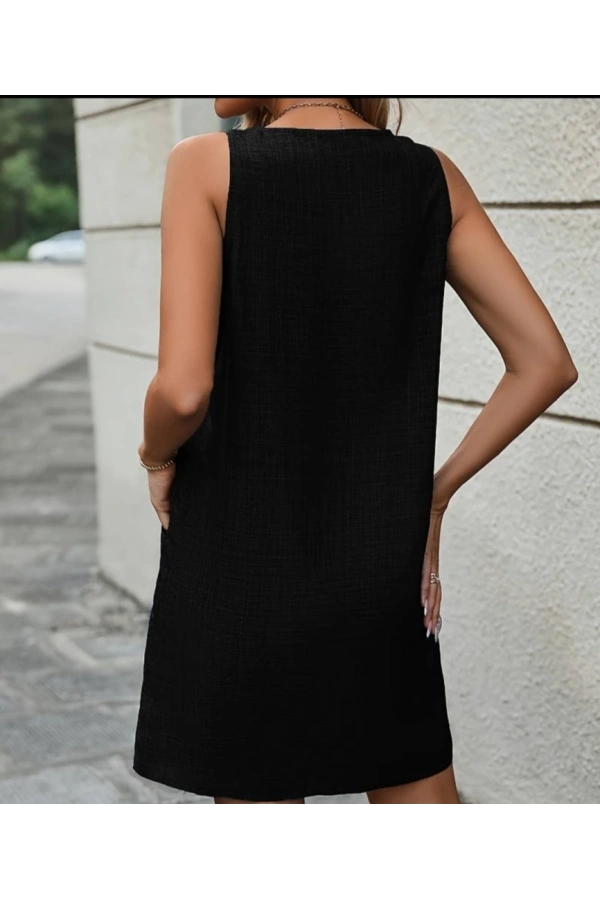 Bidebuvar Kadın Kolsuz Kalın Askılı Düğme Detay Cepli Keten Elbise