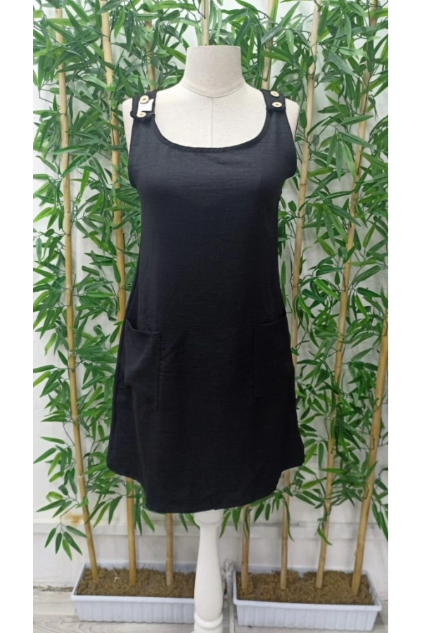 Bidebuvar Kadın Kolsuz Kalın Askılı Düğme Detay Cepli Keten Elbise