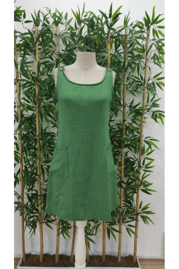 Bidebuvar Kadın Kolsuz Kalın Askılı Düğme Detay Cepli Keten Elbise