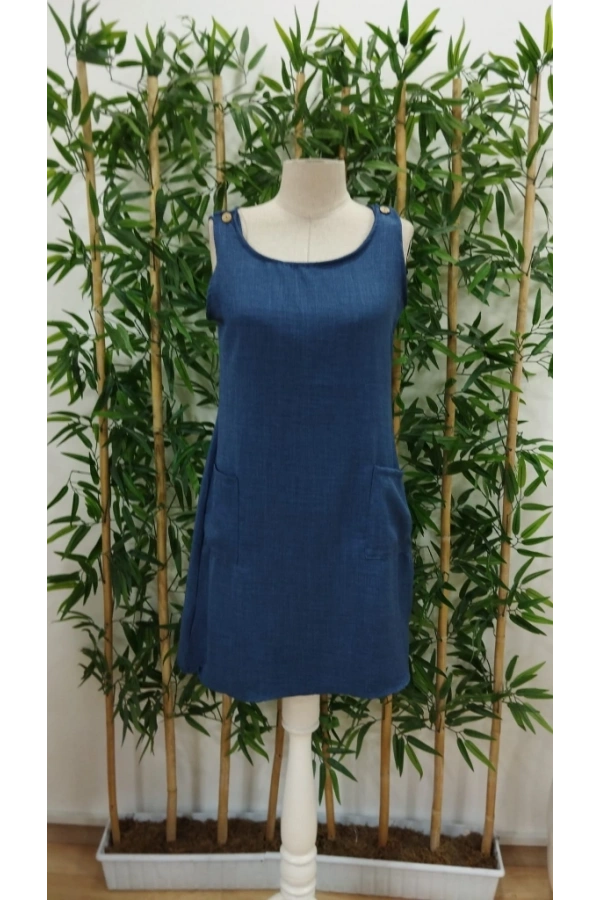 Bidebuvar Kadın Kolsuz Kalın Askılı Düğme Detay Cepli Keten Elbise