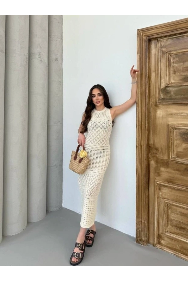 Bidebuvar Kadın Kolsuz Kuş Gözü Teday Full Transparan Maxi Boy Elbise