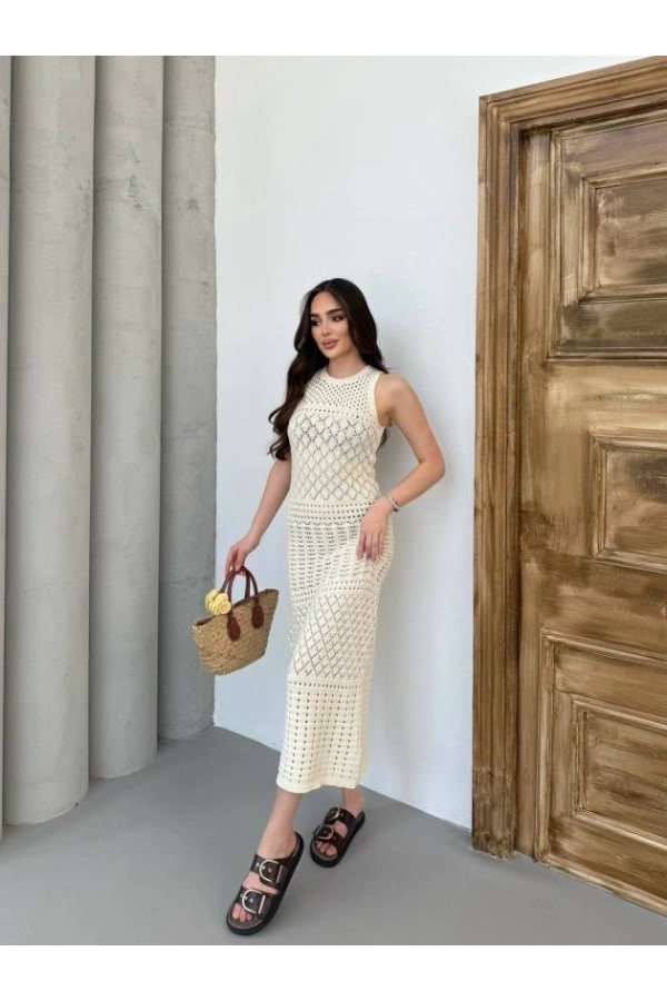 Bidebuvar Kadın Kolsuz Kuş Gözü Teday Full Transparan Maxi Boy Elbise