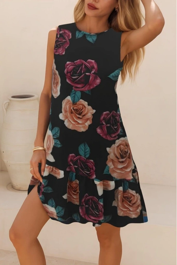 Bidebuvar Kadın Kolsuz Sırttan Bağlamalı Fırfırlı Leopar Desenli Süprem Elbise