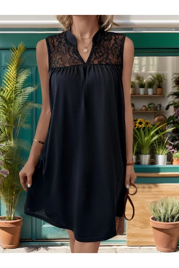 Bidebuvar Kadın Kolsuz V Hakim Yaka Dantelli Janjan Krep Elbise