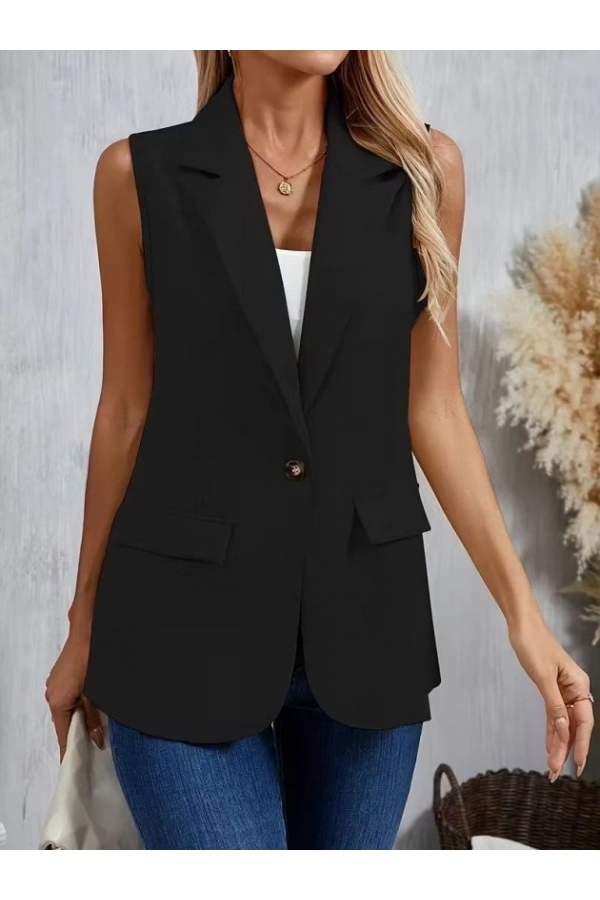 Bidebuvar Kadın Kolsuz Yakalı önden Tek Düğmeli Atlas Ceket