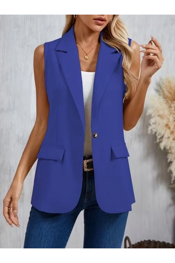 Bidebuvar Kadın Kolsuz Yakalı önden Tek Düğmeli Atlas Ceket