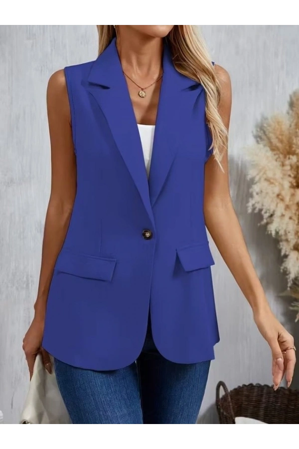 Bidebuvar Kadın Kolsuz Yakalı önden Tek Düğmeli Atlas Ceket