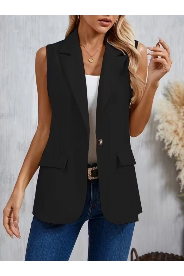 Bidebuvar Kadın Kolsuz Yakalı önden Tek Düğmeli Atlas Ceket