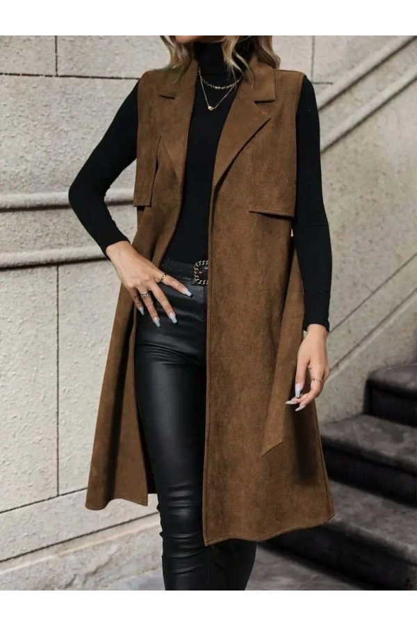 Bidebuvar Kadın Kolsuz Yakalı önü Açık Belden Kuşaklı Süet Midi Yelek