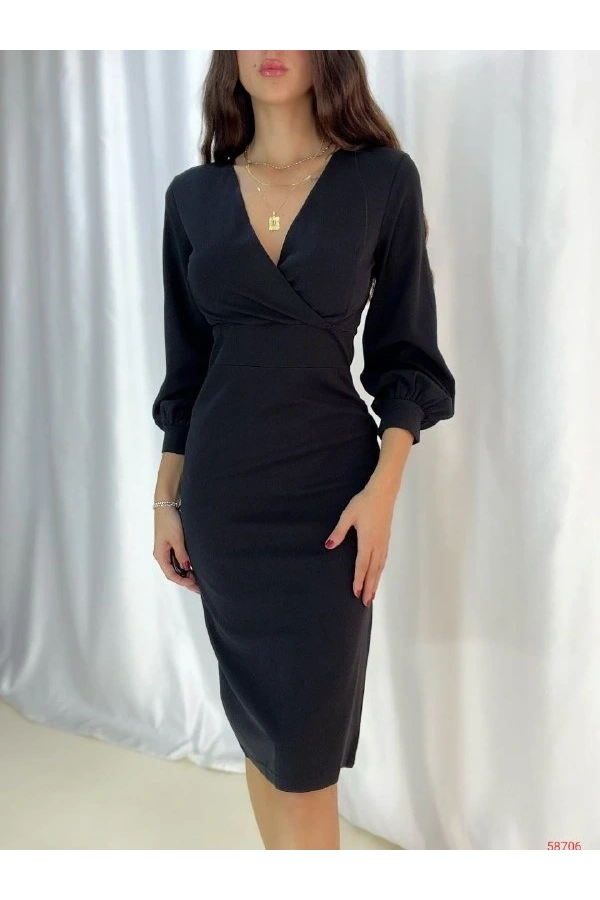 Bidebuvar Kadın Kruvaze Yaka Balon Kol Midi Boy Elbise