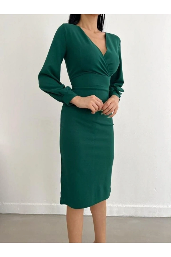 Bidebuvar Kadın Kruvaze Yaka Balon Kol Midi Boy Elbise