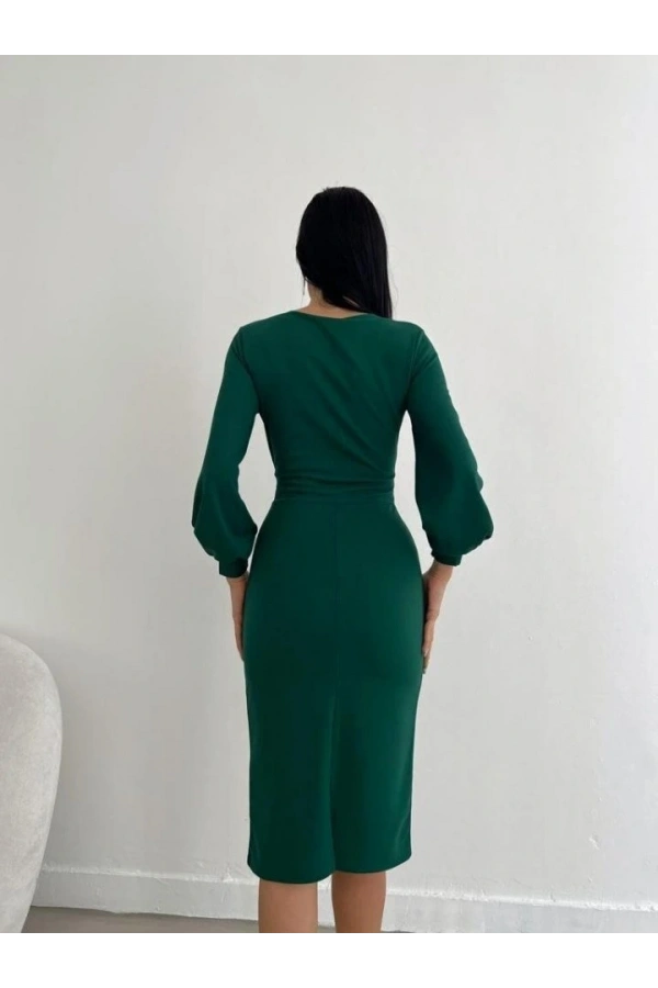 Bidebuvar Kadın Kruvaze Yaka Balon Kol Midi Boy Elbise