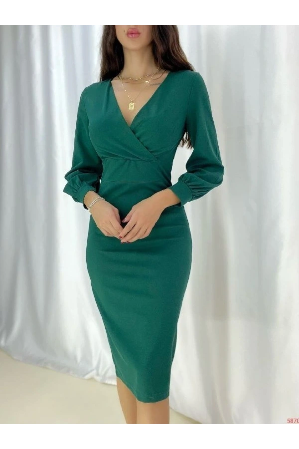 Bidebuvar Kadın Kruvaze Yaka Balon Kol Midi Boy Elbise