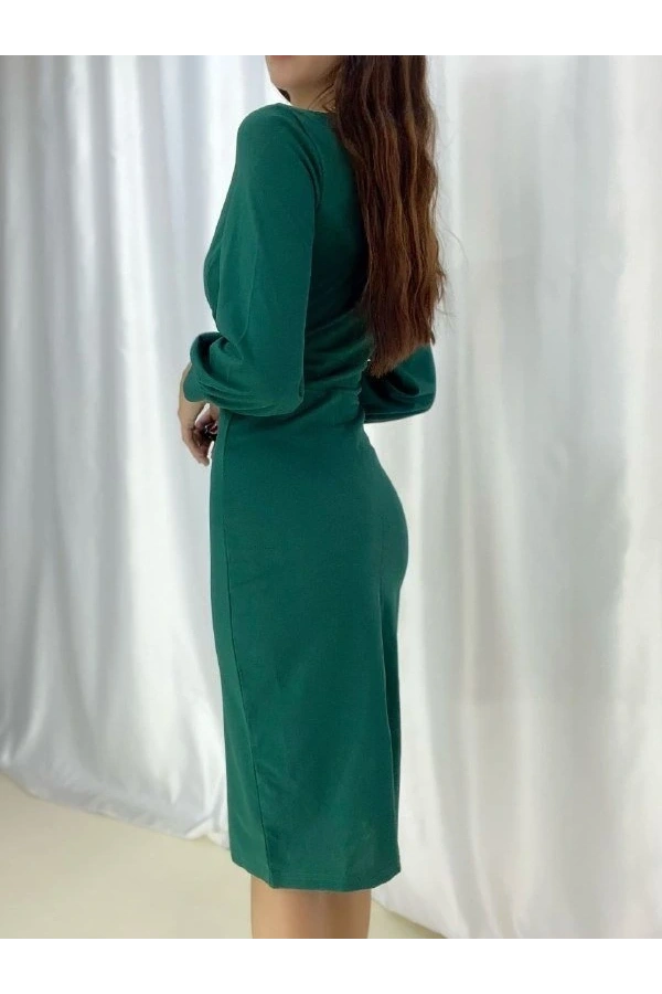 Bidebuvar Kadın Kruvaze Yaka Balon Kol Midi Boy Elbise