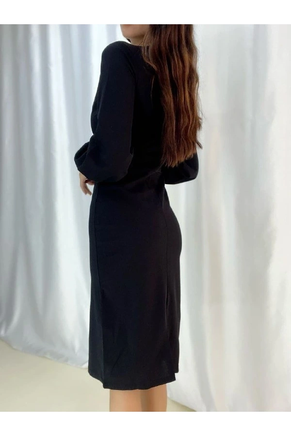 Bidebuvar Kadın Kruvaze Yaka Balon Kol Midi Boy Elbise