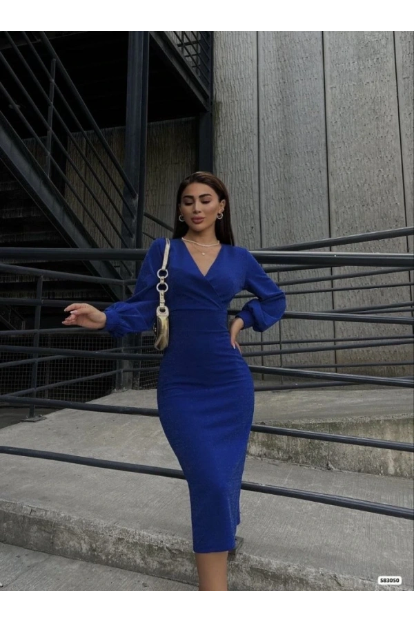 Bidebuvar Kadın Kruvaze Yaka Balon Kol Simli Krep Kumaş Midi Boy Elbise