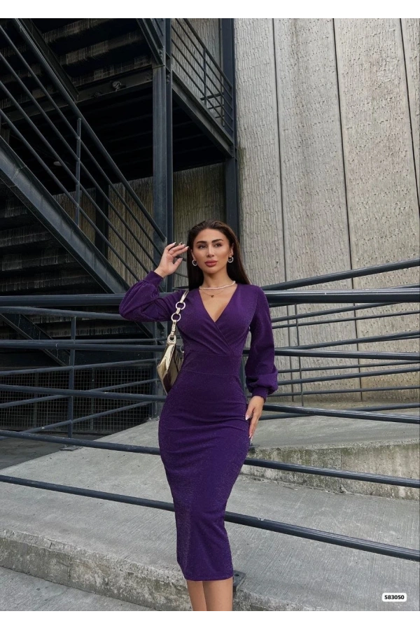 Bidebuvar Kadın Kruvaze Yaka Balon Kol Simli Krep Kumaş Midi Boy Elbise