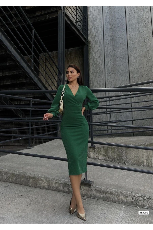 Bidebuvar Kadın Kruvaze Yaka Balon Kol Simli Krep Kumaş Midi Boy Elbise