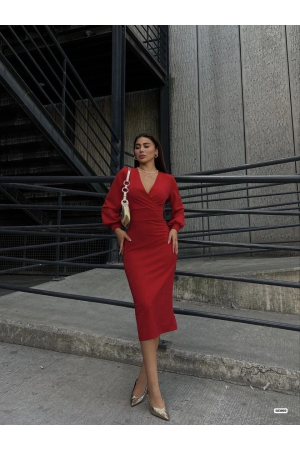 Bidebuvar Kadın Kruvaze Yaka Balon Kol Simli Krep Kumaş Midi Boy Elbise