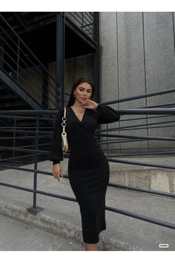 Bidebuvar Kadın Kruvaze Yaka Balon Kol Simli Krep Kumaş Midi Boy Elbise