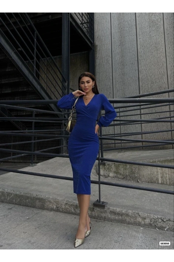 Bidebuvar Kadın Kruvaze Yaka Balon Kol Simli Krep Kumaş Midi Boy Elbise