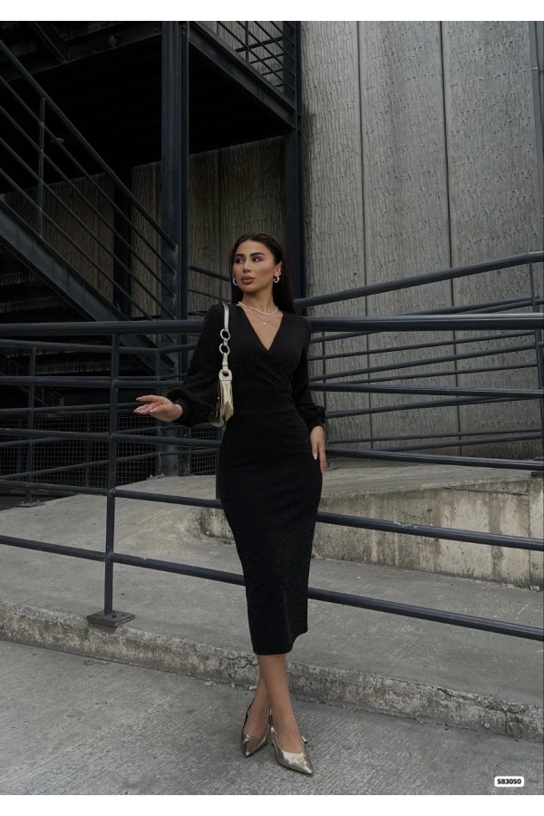 Bidebuvar Kadın Kruvaze Yaka Balon Kol Simli Krep Kumaş Midi Boy Elbise