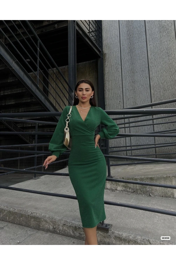 Bidebuvar Kadın Kruvaze Yaka Balon Kol Simli Krep Kumaş Midi Boy Elbise