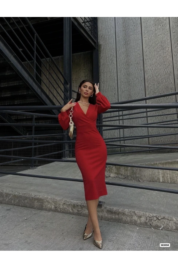 Bidebuvar Kadın Kruvaze Yaka Balon Kol Simli Krep Kumaş Midi Boy Elbise