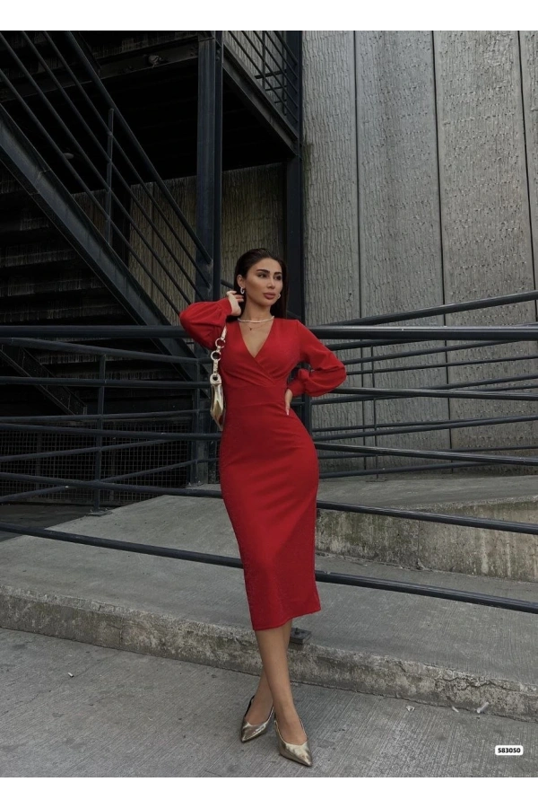 Bidebuvar Kadın Kruvaze Yaka Balon Kol Simli Krep Kumaş Midi Boy Elbise