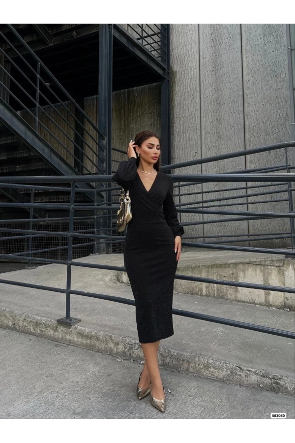 Bidebuvar Kadın Kruvaze Yaka Balon Kol Simli Krep Kumaş Midi Boy Elbise