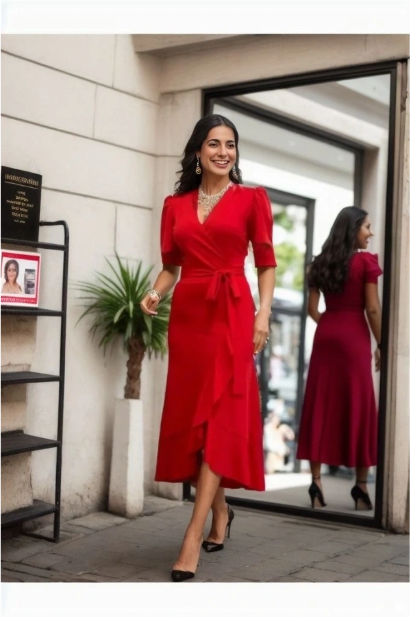 Bidebuvar Kadın Kruvaze Yaka Midi Boy Kuşaklı Krep Elbise 120 Cm