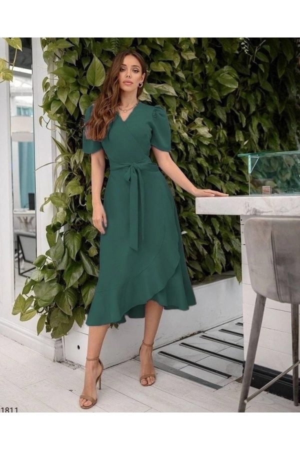 Bidebuvar Kadın Kruvaze Yaka Midi Boy Kuşaklı Krep Elbise 120 Cm